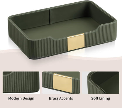 Valet Tray Desktop Storage Organizer, PU Leather Catchall Bedside Vanity Tray with Brass Accents Block Nightstand Organizer for Keys Watch Wallet Phone, Decorative Nightstand Storage (Green)