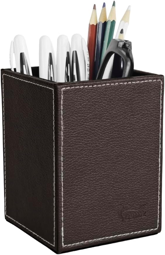 Leather Pen Holder, Brown Pencil Holder, Desktop Elegant Pen Holder for Desk, Stationery Organizer for School Office Home Dorm (3.3" x 3.3" x 4", Brown)