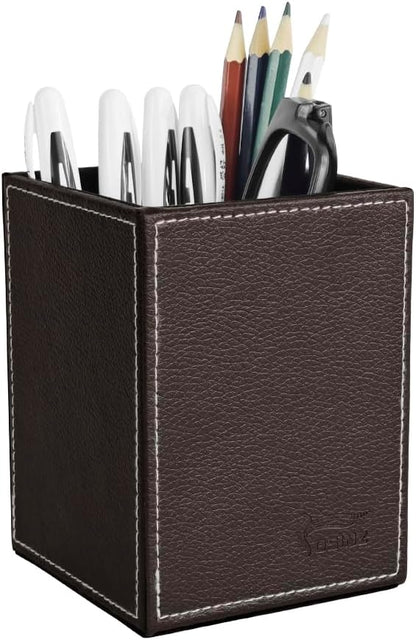 Leather Pen Holder, Brown Pencil Holder, Desktop Elegant Pen Holder for Desk, Stationery Organizer for School Office Home Dorm (3.3" x 3.3" x 4", Brown)