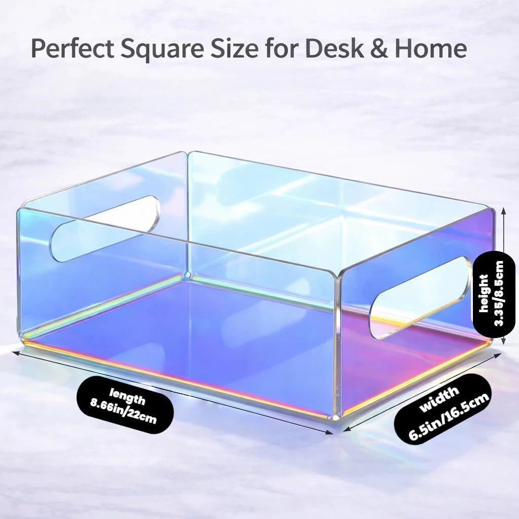 Iridescent Acrylic Square Tray Letter Organizer,Clear Lucite Acrylic Desk Paper Tray for Files Documents Notebooks,StackableTransparent Catch All Tray for Office or Coffee Table (8.66 x 6.5 x 3.35 in)