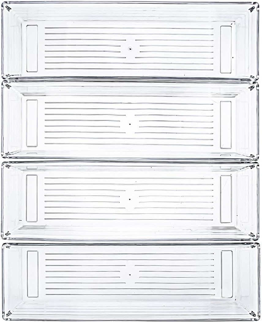 Kingrol 12 Pack Clear Drawer Organizers, 9 x 3 x 2 Inch Drawer Divider Storage Bins, Desk Storage Box Set for Kitchen Bedroom Bathroom Office Craft Supplies