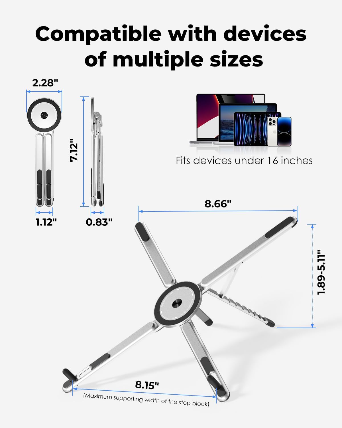 Viozon Portable Laptop Stand for Desk, Foldable Adjustable Computer Riser with Magnetic Phone Holder, Aluminum Laptop Stand for 10–16” Laptops & 4–13” Phones/Tablets (Silver)
