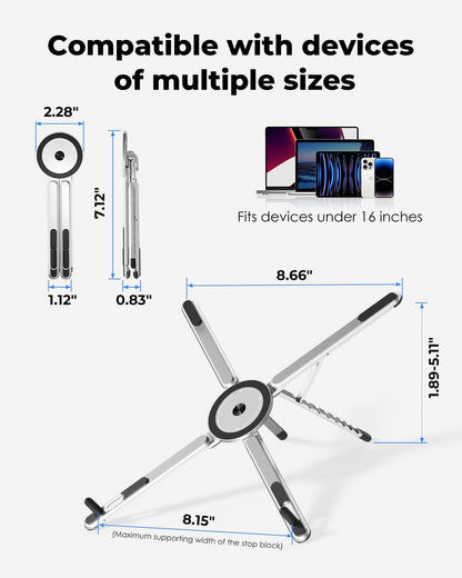 Viozon Portable Laptop Stand for Desk, Foldable Adjustable Computer Riser with Magnetic Phone Holder, Aluminum Laptop Stand for 10–16” Laptops & 4–13” Phones/Tablets (Silver)