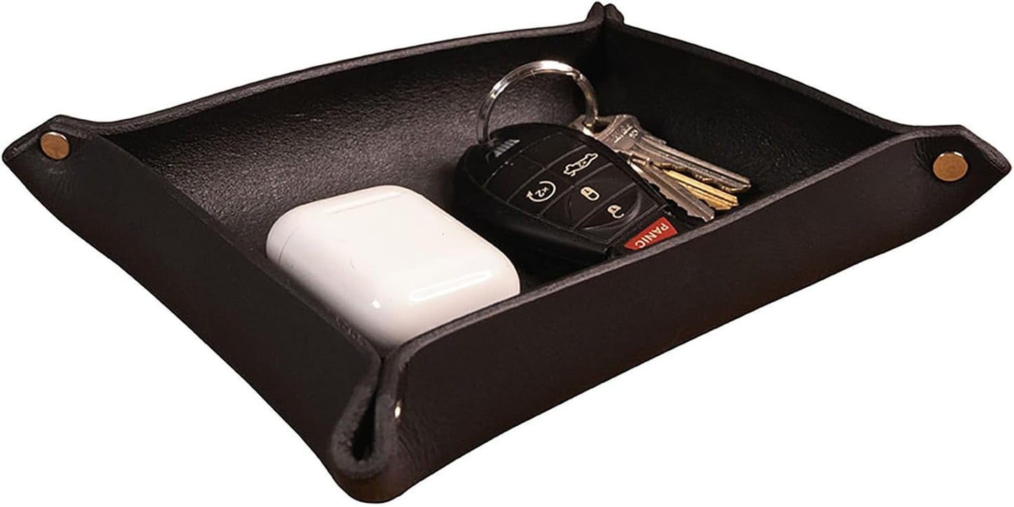 Valet Tray – Full-Grain Leather Catchall Organizer for Keys, Phone & Wallet – Rustic Nightstand & Desk Tray with Raised Sides – Handmade in USA (Vintage Brown, Small Rectangle)