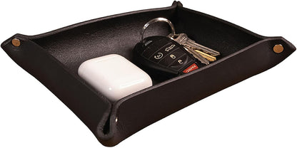 Valet Tray – Full-Grain Leather Catchall Organizer for Keys, Phone & Wallet – Rustic Nightstand & Desk Tray with Raised Sides – Handmade in USA (Vintage Brown, Small Rectangle)