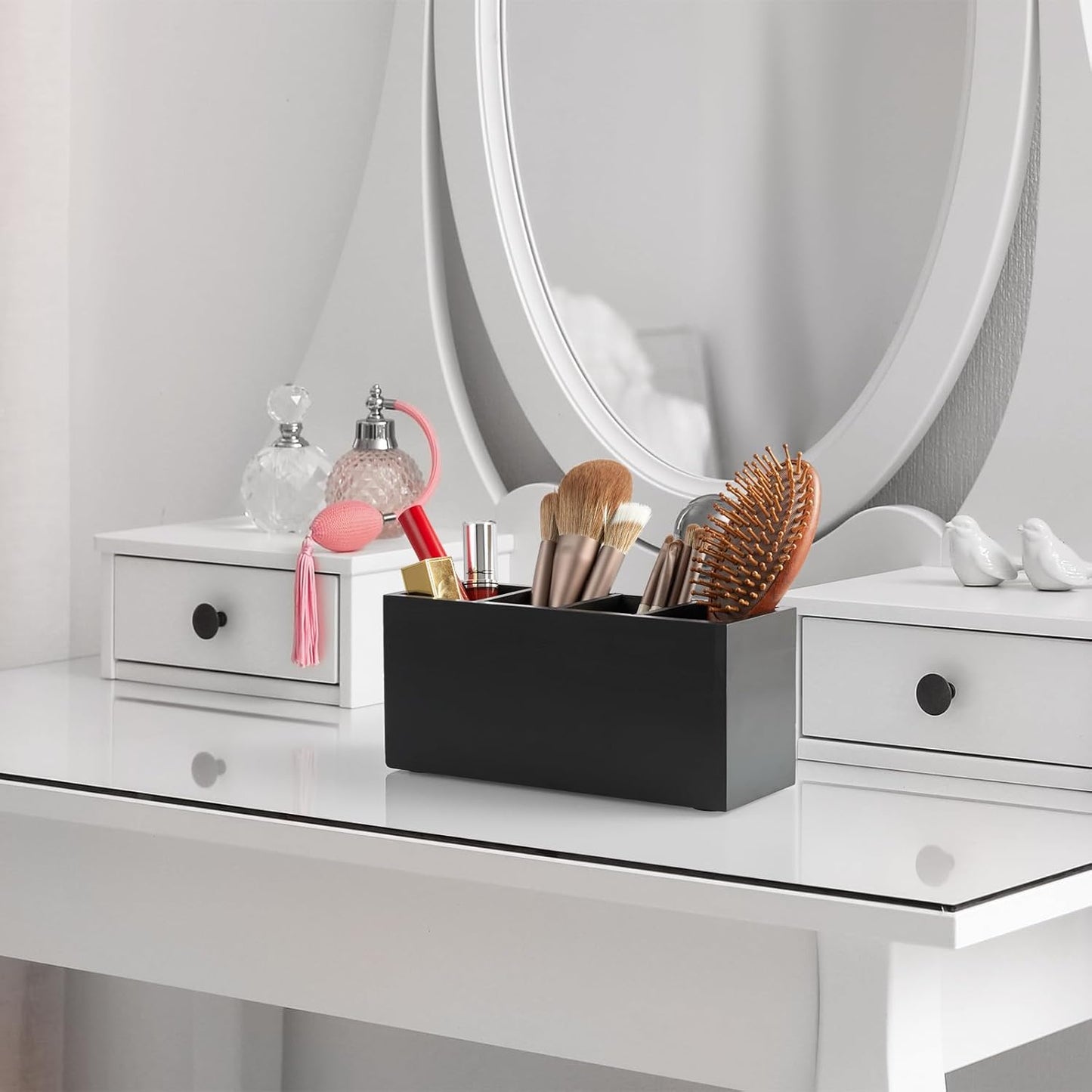 Bivvclaz Pencil Pen Holder for Desk, Acacia Wood Office Desk Organizers and Accessories with 4 Slots for Countertop, Makeup Brush Holder Organizer for Bathroom Vanity, Silverware Caddy for Party