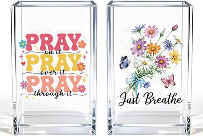 Just Breathe Acrylic Cosmetic Pencil Pen Holder Cup, Hope Inspirational Makeup Brush Organizer Holder, Women Faith Gifts, Encouragement Gifts for Women Mom Daughter Sister Friend Yoga Teacher