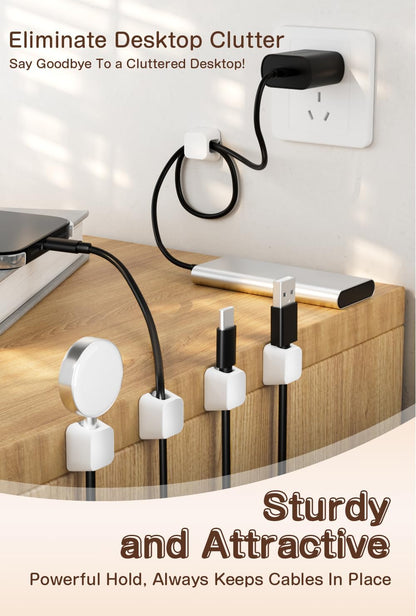 Maveek Magnetic Cord Holders, 5 Pack Silicone Magnet Cable Clips with Metal Plates, Standing Desk Wire Organizer for USB Charging Cables, Nightstand, Car, Metal Surface (Small, White)