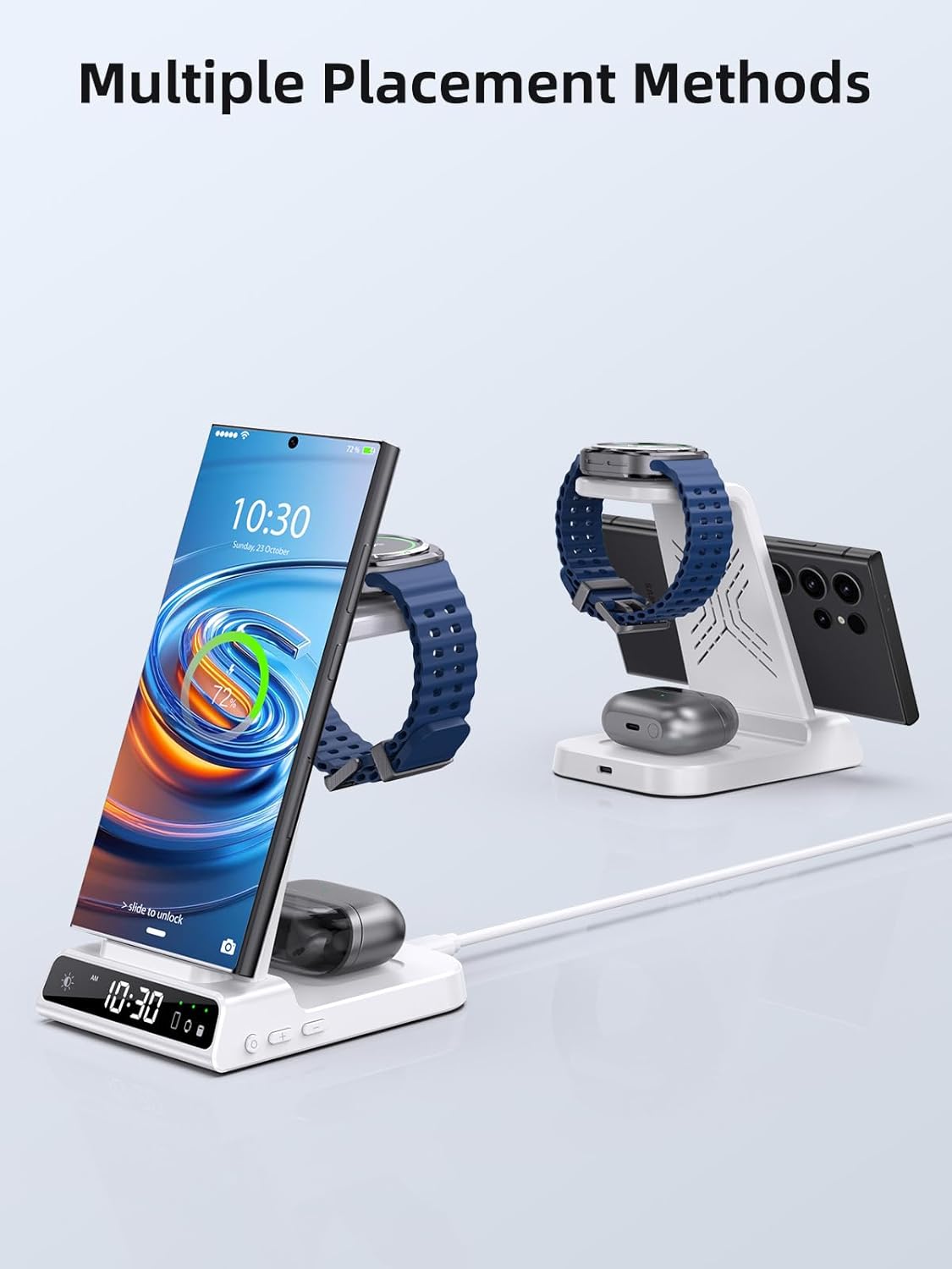 Wireless Charger for Samsung Charging Station: 3 in 1 Android Charging Stand with Dimmable Clock - Nightstand Organizer for Galaxy S25 Ultra, Galaxy Watch 8 7 6 5 4, Galaxy Buds, Space-Saving Charger