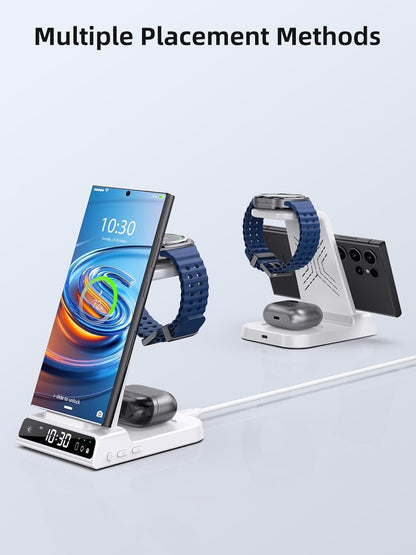 Wireless Charger for Samsung Charging Station: 3 in 1 Android Charging Stand with Dimmable Clock - Nightstand Organizer for Galaxy S25 Ultra, Galaxy Watch 8 7 6 5 4, Galaxy Buds, Space-Saving Charger