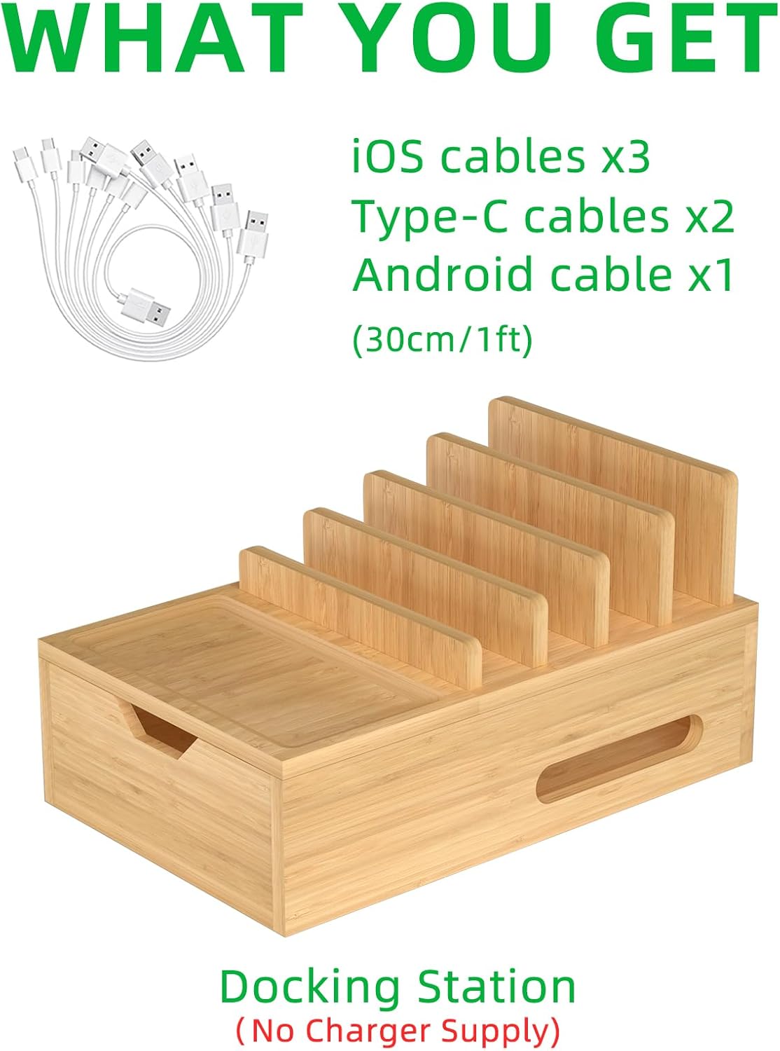 Bamboo Charging Station for Multiple Devices, Desk Charging Organizer with Drawer & Tray, Wood Docking Station Included 6 Cables, Compatible with iPhone Devices, Cell Phone, Tablet (No USB Charger)