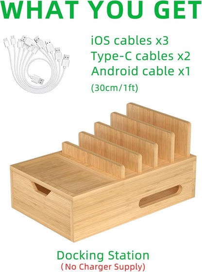 Bamboo Charging Station for Multiple Devices, Desk Charging Organizer with Drawer & Tray, Wood Docking Station Included 6 Cables, Compatible with iPhone Devices, Cell Phone, Tablet (No USB Charger)