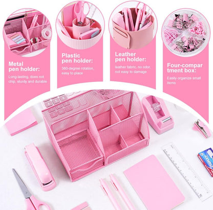 Gawsey Gold Desk Organizers and Accessories Set with 360-Degree Rotating Pen Holder, Acrylic Stapler, Tape Holder, Staple Remover, Binder/Paper Clips Kit, Scissor and 1 Box of Staples