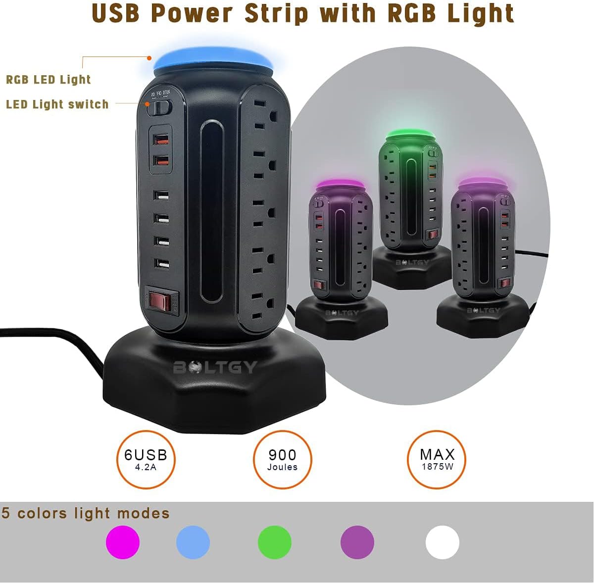 Flat Plug Total Fast Charging Station, Protector with 15 AC Outlets and 6 USB Ports (2 Fast Charge), Tower Surge Protector Power Strip, 6.5FT Extension Cord for Home Office Dorm Room.