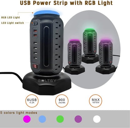 Flat Plug Total Fast Charging Station, Protector with 15 AC Outlets and 6 USB Ports (2 Fast Charge), Tower Surge Protector Power Strip, 6.5FT Extension Cord for Home Office Dorm Room.