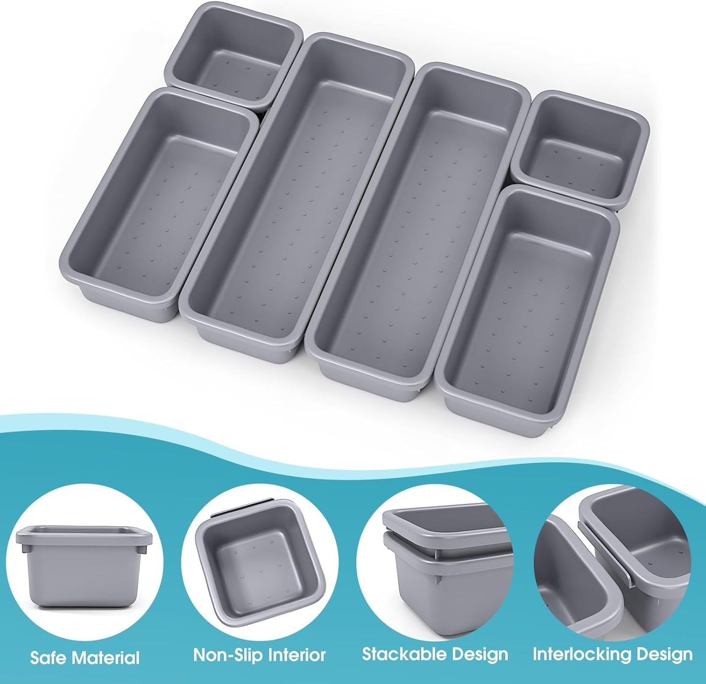 StoreHappily 10 PCS Drawer Organizer Set, 4 Size Makeup Drawer Divider Organizer With Non-Slip Pads, Interlocking Plastic Storage Bins for Office,Jewelry Vanity,Gadgets, Bathroom,Kitchen, Black