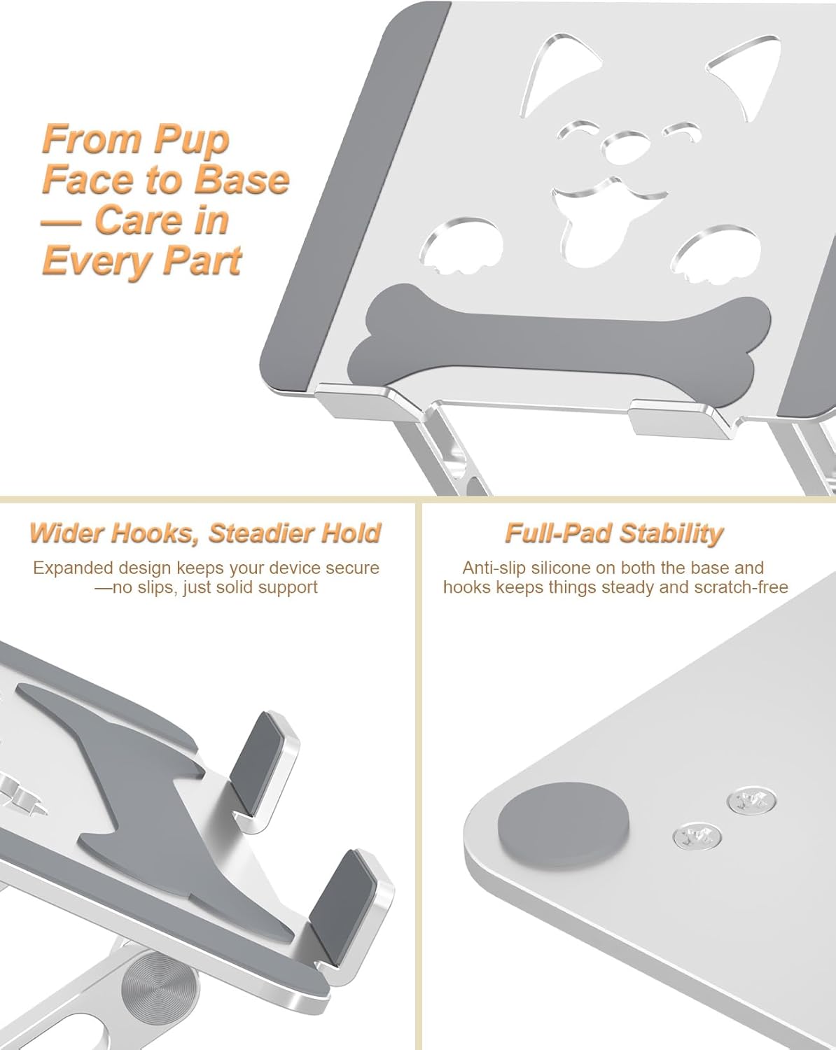 Aoviho Laptop Stand for Desk-Adjustable, Foldable, Portable, Ergonomic Aluminum Notebook Riser with Unique Puppy Cooling Vent, Desk Gift for 10"-17.3" Devices Mac, Dell, HP, Lenovo, Samsung, Gray