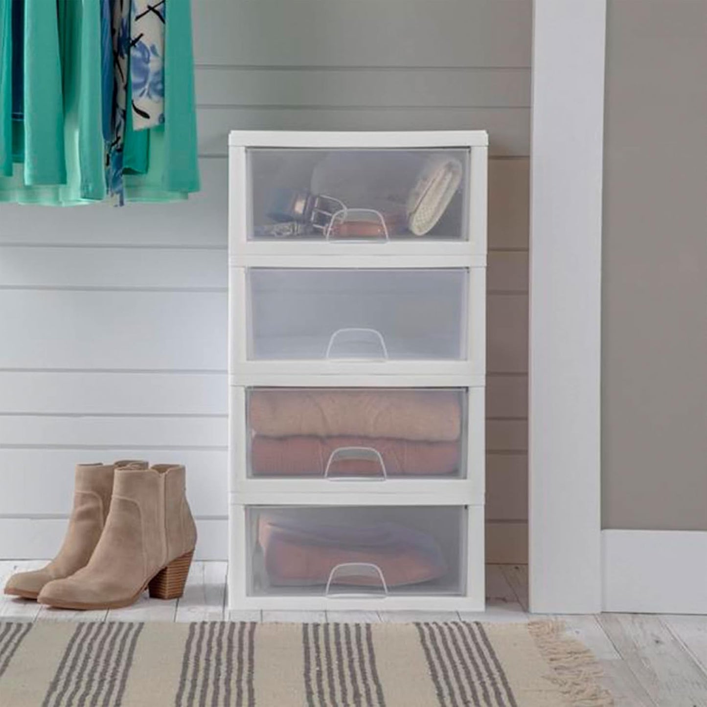 Sterilite 6-Pack 6 Quart Stacking Drawer, Clear Storage Closet Organizer, White Frame - Stackable Modular Plastic Drawers for Clothes, Accessories, Craft Supplies, Shoes or Linens