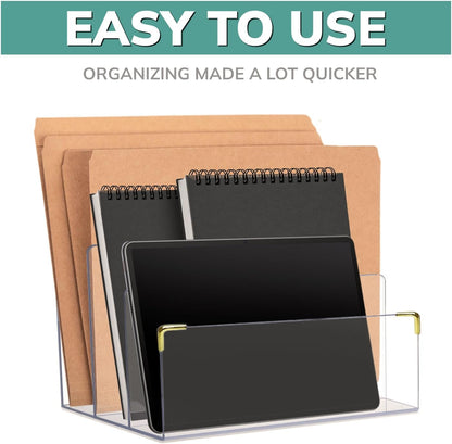 pbf Acrylic File Holder | Clear Acrylic Desk Organizer with Gold Accents | 3-Level Folder Holder, Mail Sorter, & Laptop Stand