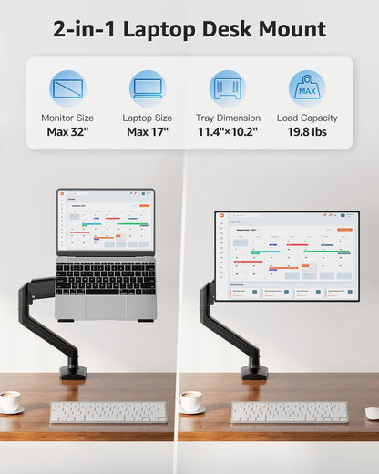 MOUNTUP Laptop Stand for Desk, Adjustable Aluminum Laptops Arm Mount for 14-17 Inch Notebook & 32" Monitor, Laptops Arm for Desk Support for 2.2-19.8lbs, 2-in-1 Laptop Desk Mount with Clamp/Grommet