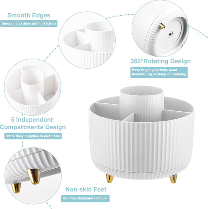Cayxenful Pencil Holder For Desk,5 Slots 360°Degree Rotating Desk Organizers And Accessories,Desktop Storage Stationery Supplies Organizer, Cute Pencil Cup Pot For Office, School, Home (B-White)
