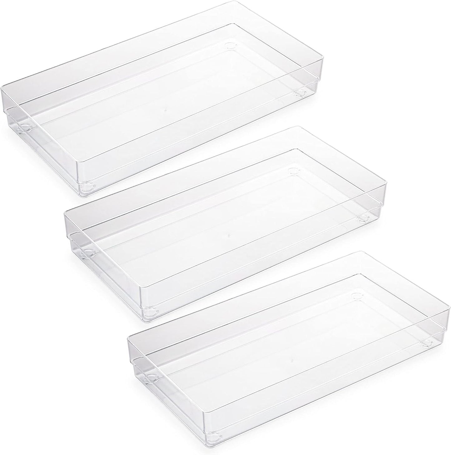 LotFancy Clear Drawer Organizers, 12” x 3” x 2”, Set of 3, Drawer Organizer Trays for Desk, Plastic Storage Bins for Bathroom, Makeup, Utensils, Stackable