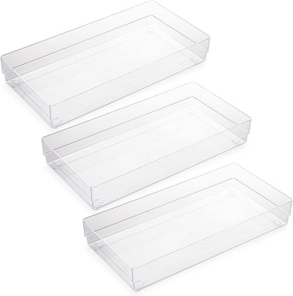 LotFancy Clear Drawer Organizers, 12” x 3” x 2”, Set of 3, Drawer Organizer Trays for Desk, Plastic Storage Bins for Bathroom, Makeup, Utensils, Stackable