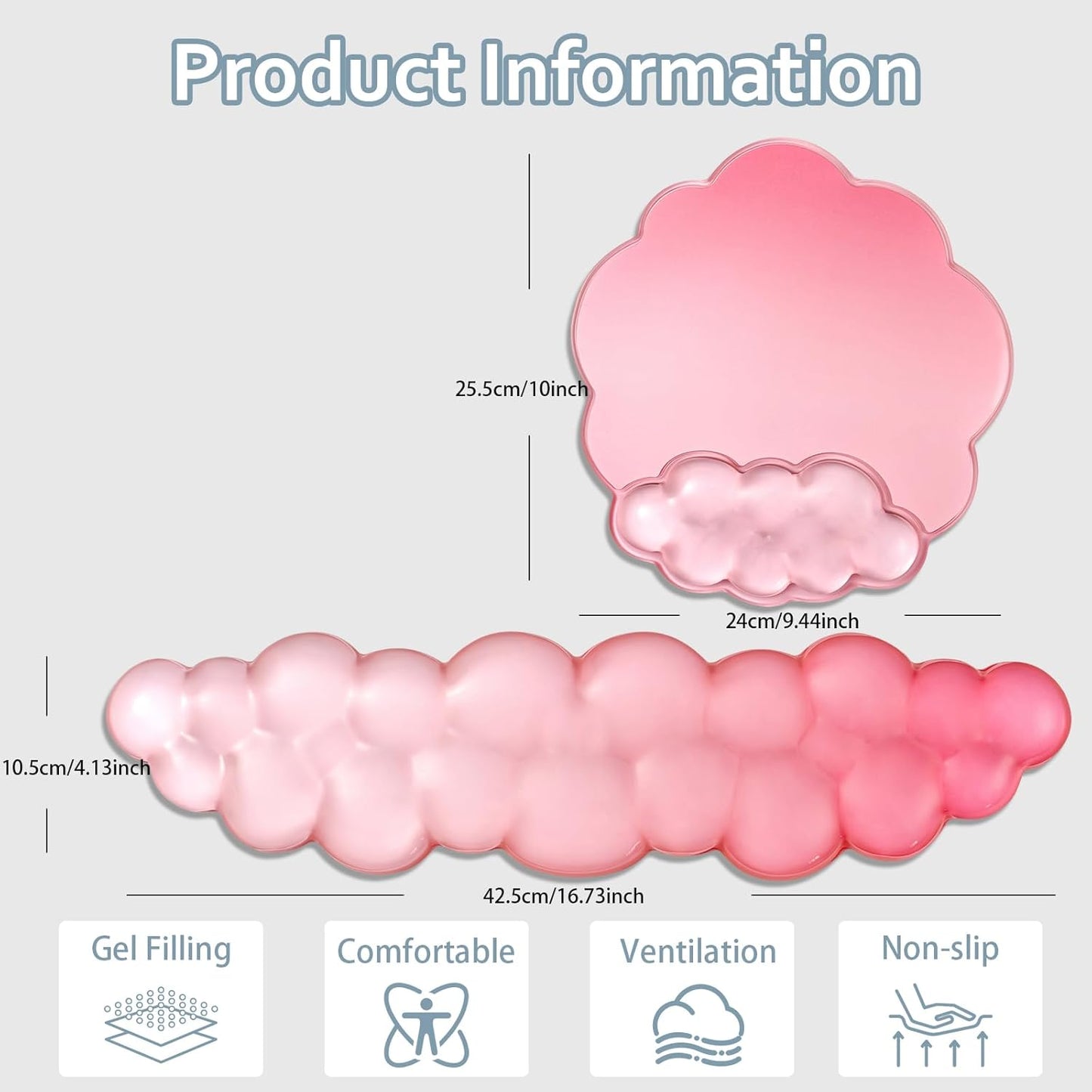Gel Wrist Rest and Cloud Mouse Pad Support for Keyboard and Mouse - Ergonomic Pink Keyboard Wrist Pad Set for Typing Pain Relief/Computer/Laptop/Gaming/Home/Office (Cloud Shape, Gradient Blue Pink)