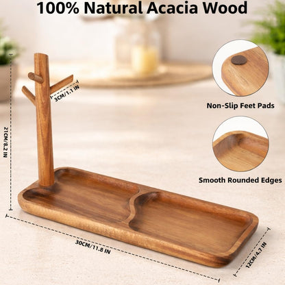 Acacia Wood Key Tray for Entryway Table, Wooden Catchall Organizer with Jewelry Storage Rack, Valet Tray for Keys Wallet Watches Sunglasses Rings(Rectangle)