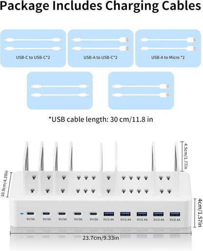 100W Charging Station for Multiple Devices, 10-Port USB Fast Charging Station with Adjustable Dividers & 10 Cables- Multi Device Organizer Charging Dock for iPhone, iPad, Tablets & More(White)