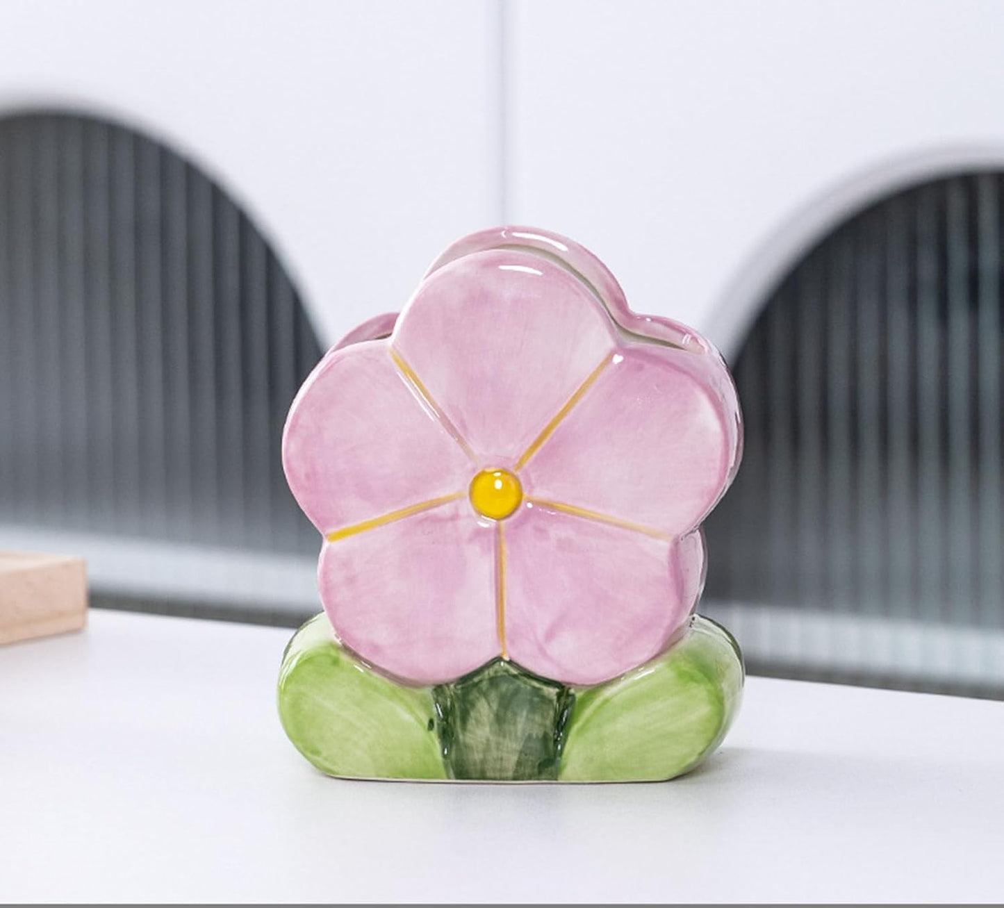 1 PC Flower Makeup Storage Box Ceramic Blossom Five Petals Pen Holder Pen Holder Desktop Storage Box (Blue)