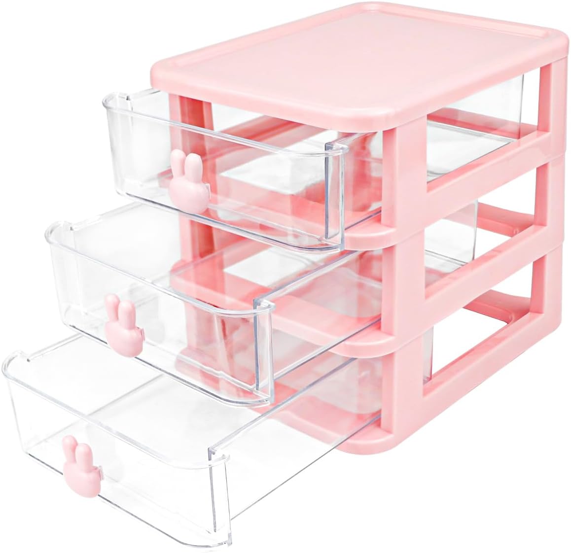 3 Layer Plastic Storage Drawer Bunny Transparent Cosmetic Organizer Rabbit Makeup Organizer Storage Container for Office School Home（White）