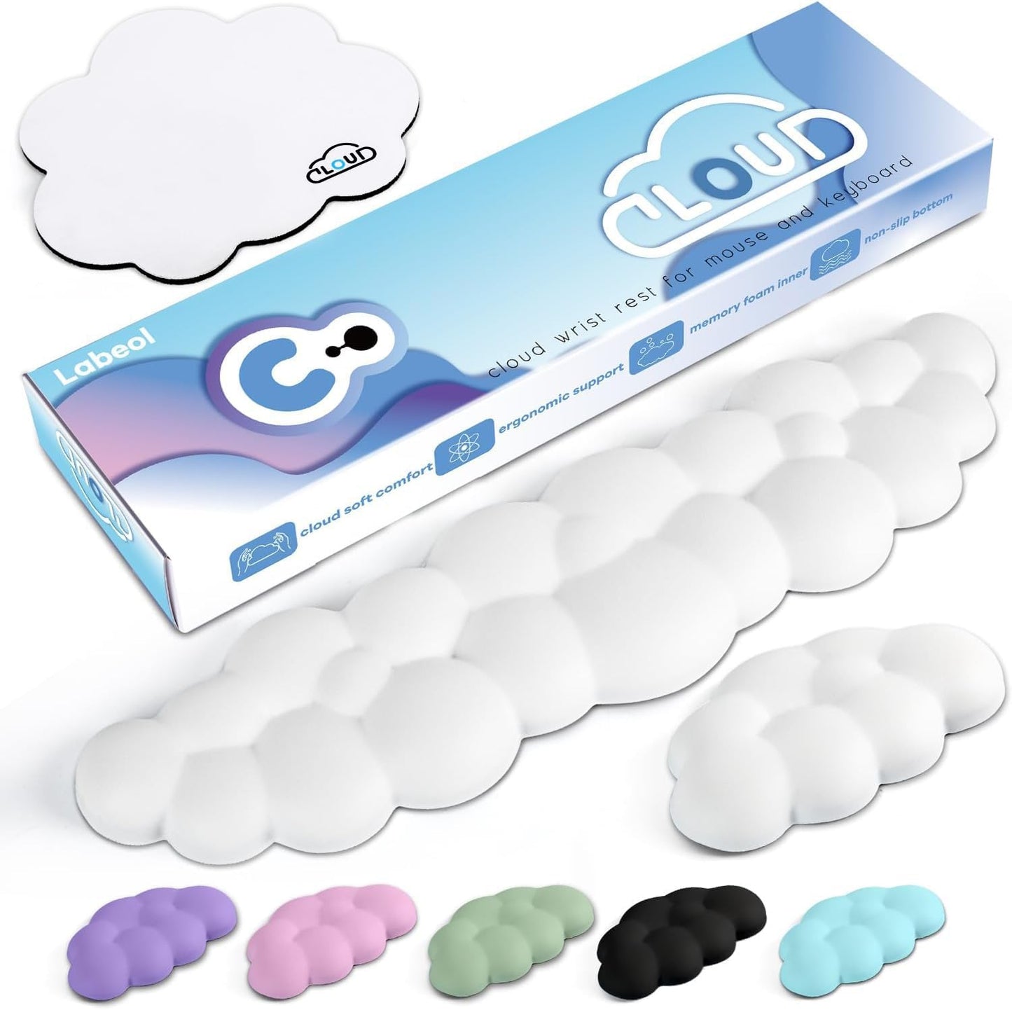 Cloud Wrist Rest for Computer Keyboard Arm Wrist Rest with Non-Slip Base Extended Wrist Rest Ergonomic Memory Foam for Keyboard and Mouse Typing Pain Relief, Office, Gaming, Computer