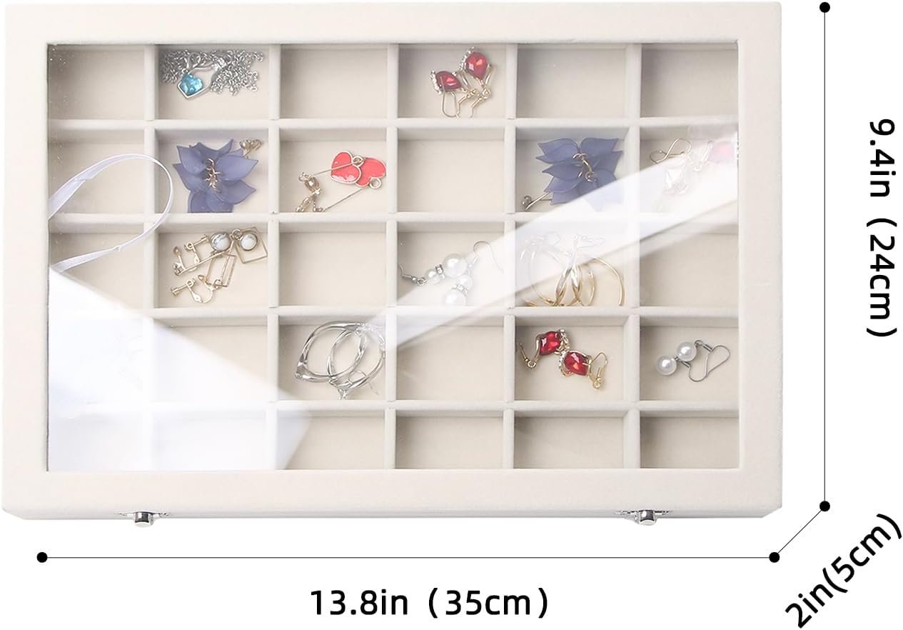 Stratalife Jewelry Organizer Bracelet Organizer Storage Box 12 Grid Stackable Jewelry Tray with Lid Velvet Jewelry Box for Drawer Necklace Bracelet Display Storage Organizer Box (Beige)