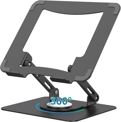 SOUNDANCE 360 Rotating Laptop Stand, Ergonomic Computer Riser for Desk, Adjustable Height Multi-Angle Metal Holder, Foldable Portable Notebook Elevating Base for Office & Home, Silver Grey