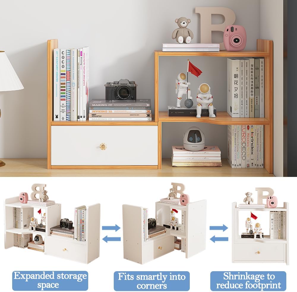 Expandable Wood Desktop Bookshelf, Freestyle Adjustable Wood Display Desk Shelf Counter Storage Rack Top Bookcase for Office & Home (White)