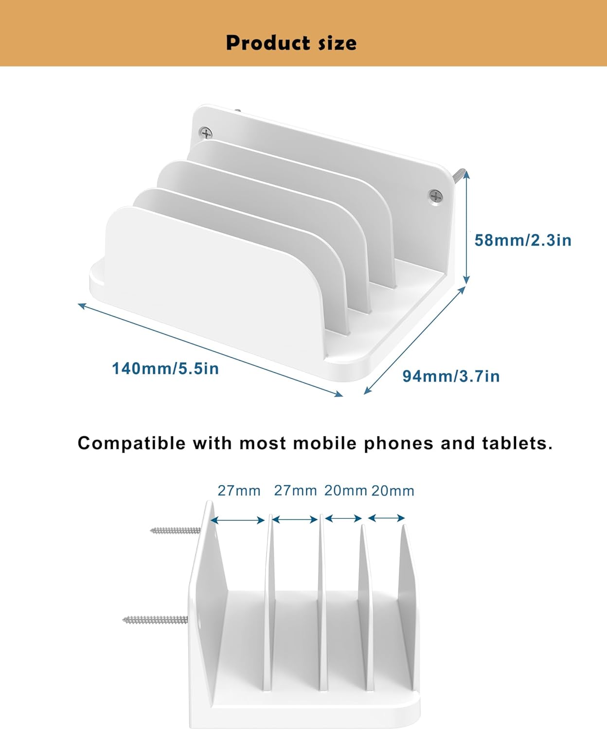 Phone Wall Mount Storage Organizer, Compatible with iPhone and Android, Holds Four Phones or Tablets at Once Charging Holder Station Fit for ipad, Kindle and More (Black)