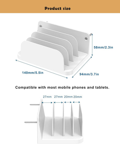 Phone Wall Mount Storage Organizer, Compatible with iPhone and Android, Holds Four Phones or Tablets at Once Charging Holder Station Fit for ipad, Kindle and More (Black)