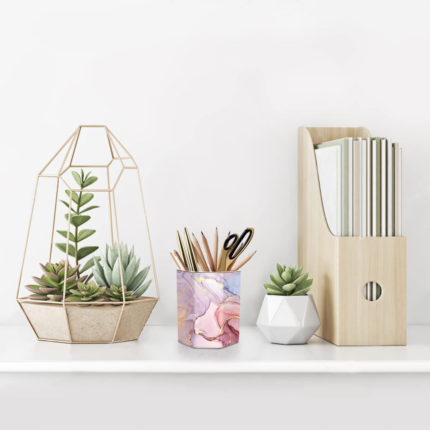 WAVEYU Ceramic Pen Holder for Desk Cute, Pencil Cup Pot Desk Organizer, Makeup Brush Holder for Women, Men, Kids, Desk Marble Decor for Office, Classroom, Home, Gray Golden