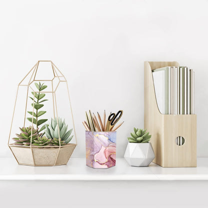 WAVEYU Ceramic Pen Holder for Desk Cute, Pencil Cup Pot Desk Organizer, Makeup Brush Holder for Women, Men, Kids, Desk Marble Decor for Office, Classroom, Home, Gray Golden