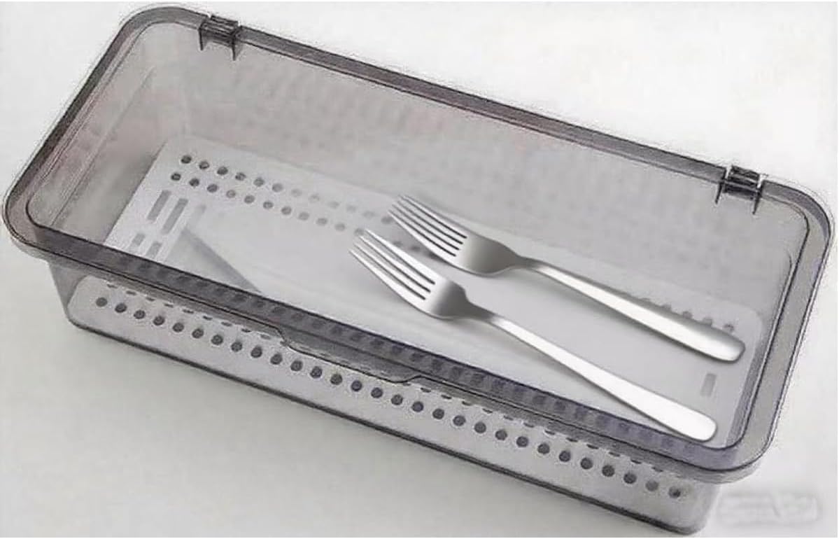 Transparent Flatware Tray Kitchen Drawer Organizer With Lid - Plastic Kitchen Cutlery Tray and Utensil Silverware Storage Container with Cover - Dinnerware Holder for Spoons Forks Knives