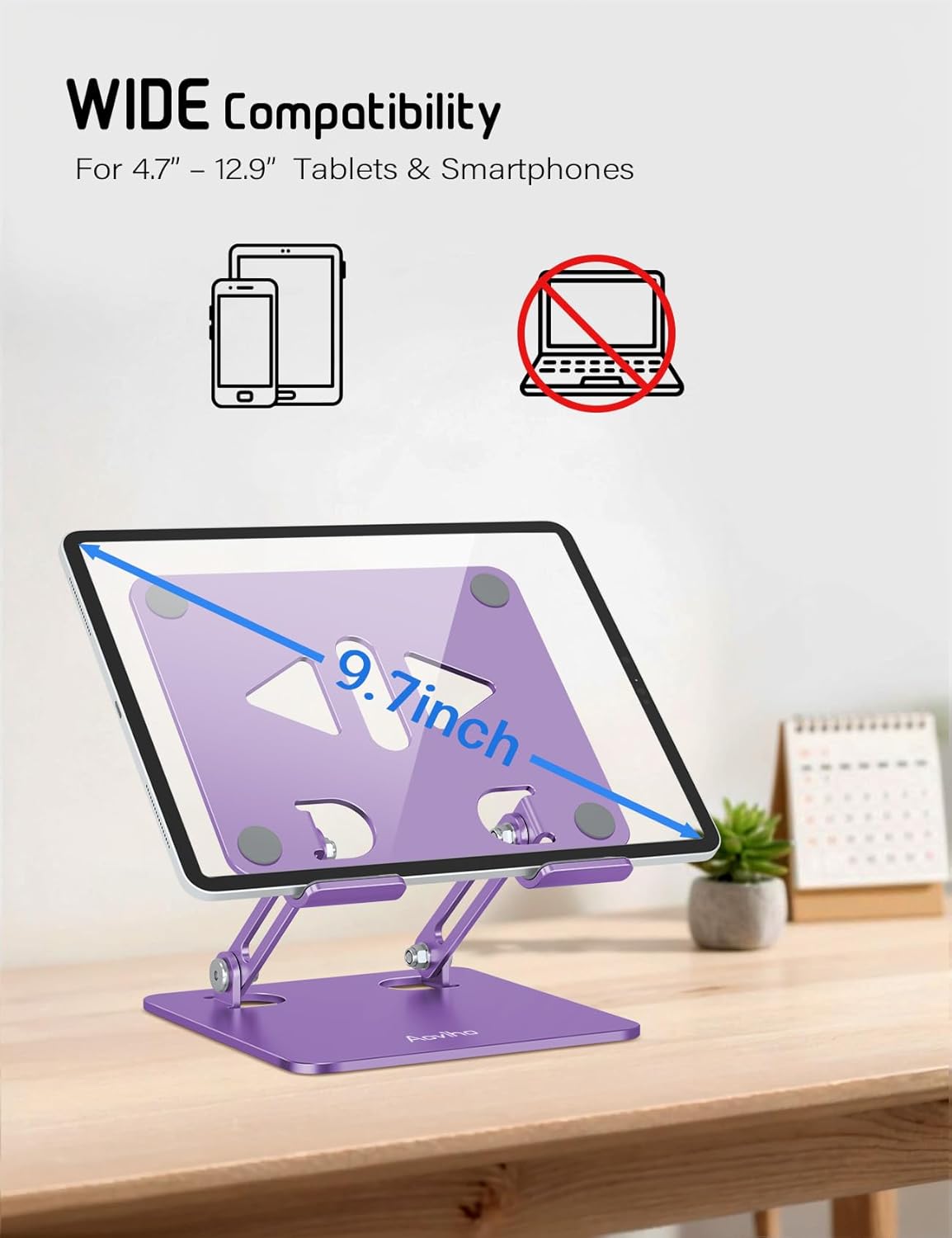 Aoviho Tablet Stand Holder for Desk, Adjustable Desktop Tablet Holder, Foldable Aluminum Tablet Mount for iPad pro 12.9, iPad Air Mini, Samsung Galaxy Tabs Z Fold Kindle Fire 4-12 inch Purple