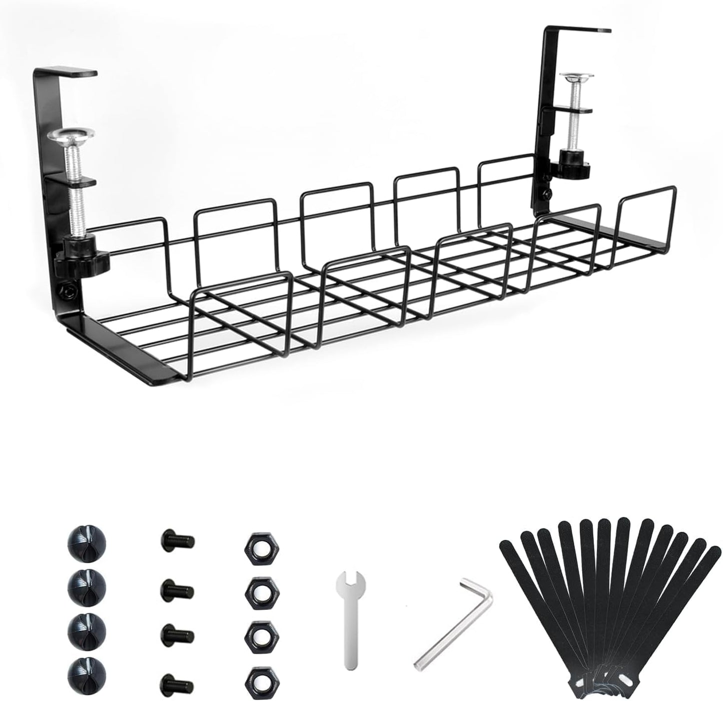 Under Desk Cable Management Tray No Drill - 15.7'' Long 5.1'' Wide Workspace Organizers, Pc Accessories, Steel Cord Organizers, 4 Cable Holder, 12 Roll Cable Organizer Straps(Black)