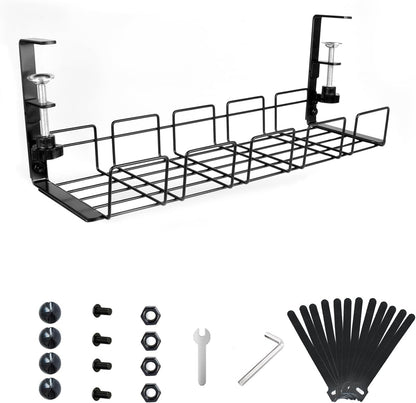 Under Desk Cable Management Tray No Drill - 15.7'' Long 5.1'' Wide Workspace Organizers, Pc Accessories, Steel Cord Organizers, 4 Cable Holder, 12 Roll Cable Organizer Straps(Black)