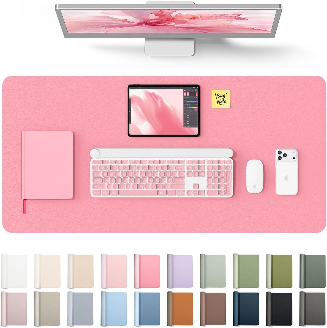 YSAGi Leather Desk Protector, Office Mat, Large Mouse Mat, Non-Slip PU Leather Blotter, Laptop Pad, Waterproof Writing Pad for Office and Home (Light Pink, 23.6" x 13.8") - Colors B