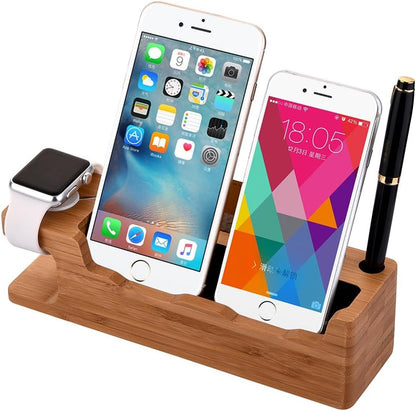 MOOZO Bamboo Wood Desktop Charging Dock Station Charger Holder Cradle Stand Compatible iPhone 16 15 14 13 12 11 Pro Max Apple Watch 2 3 4 / iWatch Samsung Galaxy S8 S7 S6 Edge Plus LG HTC Smartphones