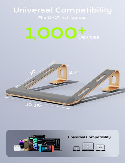 JCZT Aluminum Laptop Stand, Notebook Stand with Wrist Rest, Ergonomic Detachable Laptop Mount, Computer Stand Compatible with 10-17'' All Laptops Such as MacBook Air Pro/HP/Dell/Lenovo, Gold