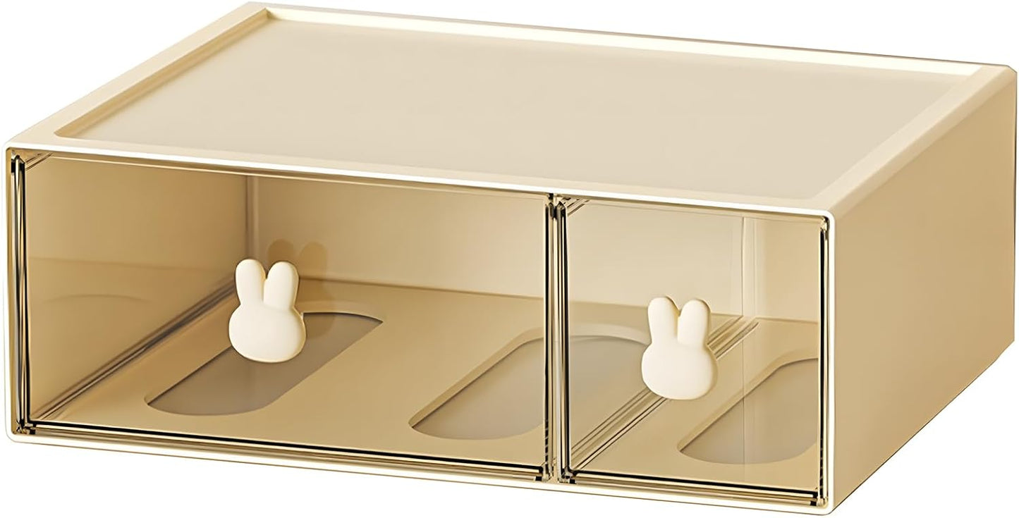 Desktop Storage Drawers, Plastic Desk Organizer with 3 Drawers, Modular Stackable Toolbox Units for Office Stationary, Makeup Container, Bathroom Countertop (1 Tall Layer, Cream & Clear)