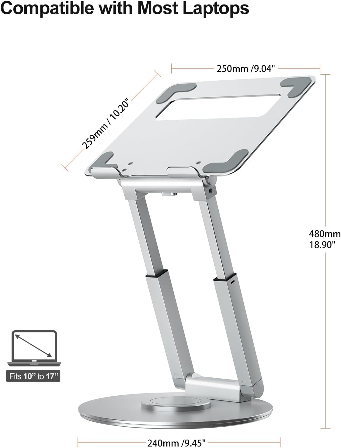 tounee Telescopic Laptop Stand for Desk with 360° Swivel Base, Sit to Stand, Height Adjustable, Portable Riser Holder for Good Posture, Compatible with MacBook Pro, All Laptops 10-17"-Gray