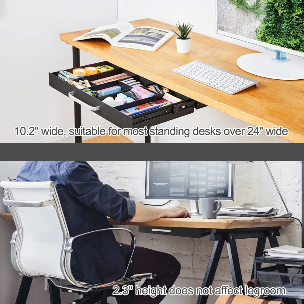 GOME Under Desk Slide out Pencil Drawer with Space Divider Design for Storing Pencil and Office Accessories, Underdesk Pull out Tray Organizer Mounted for Sit Stand Workstation